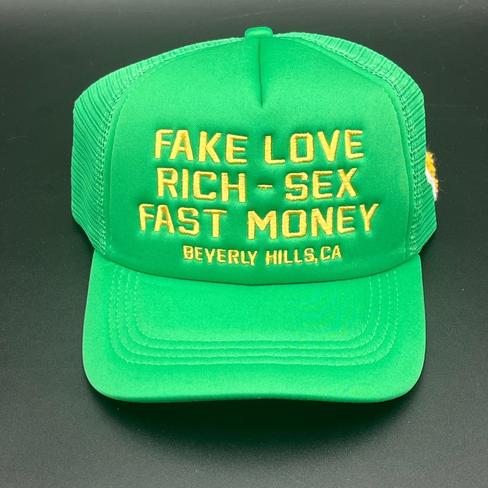 Homme Femme Green Trucker Hat Fake Love Rich Sex Fast Money